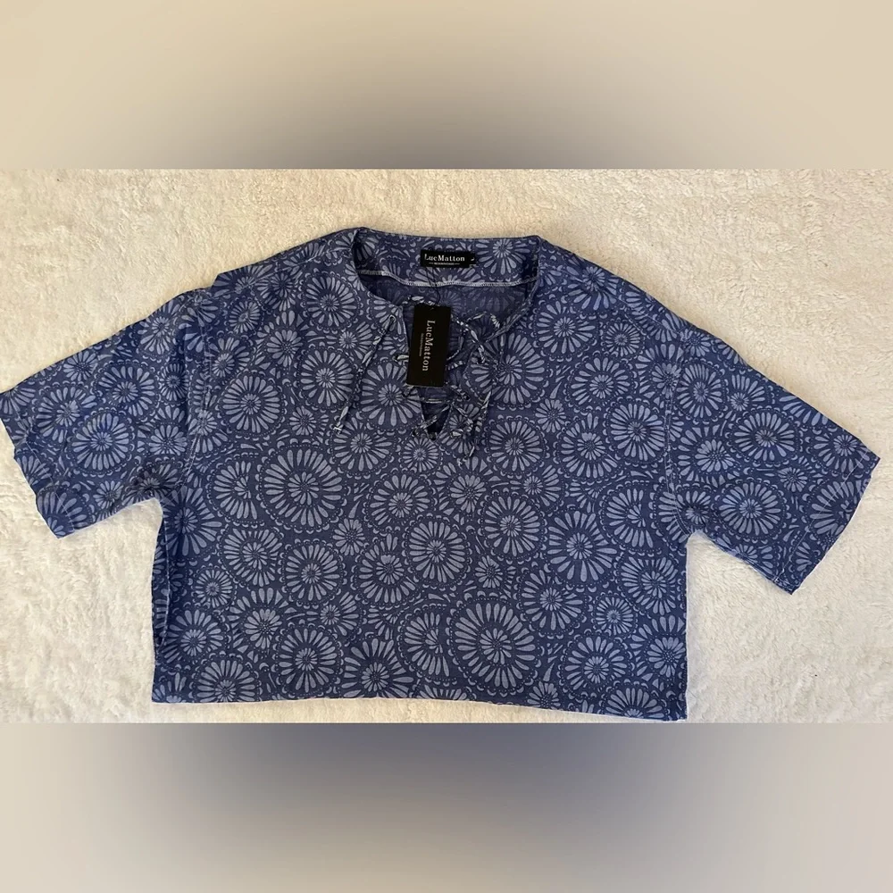 NWT LucMatton men’s summer vintage shirt lace up loose fit short sleeve